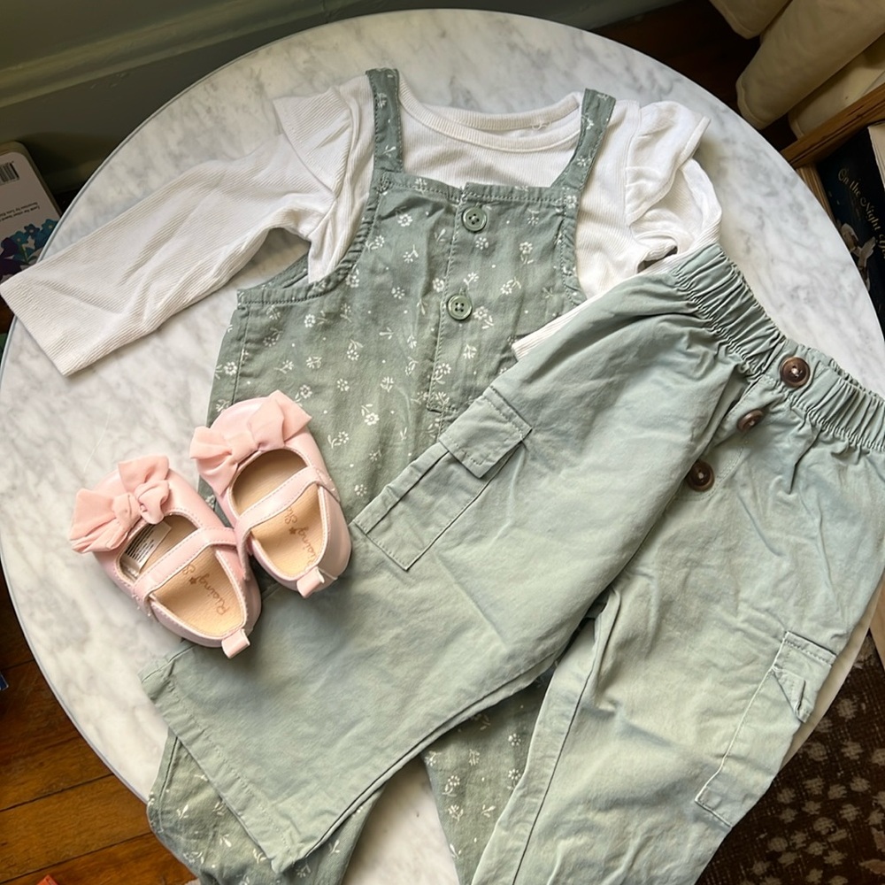 Green Ruffle Overall, Pant and shoe Bundle